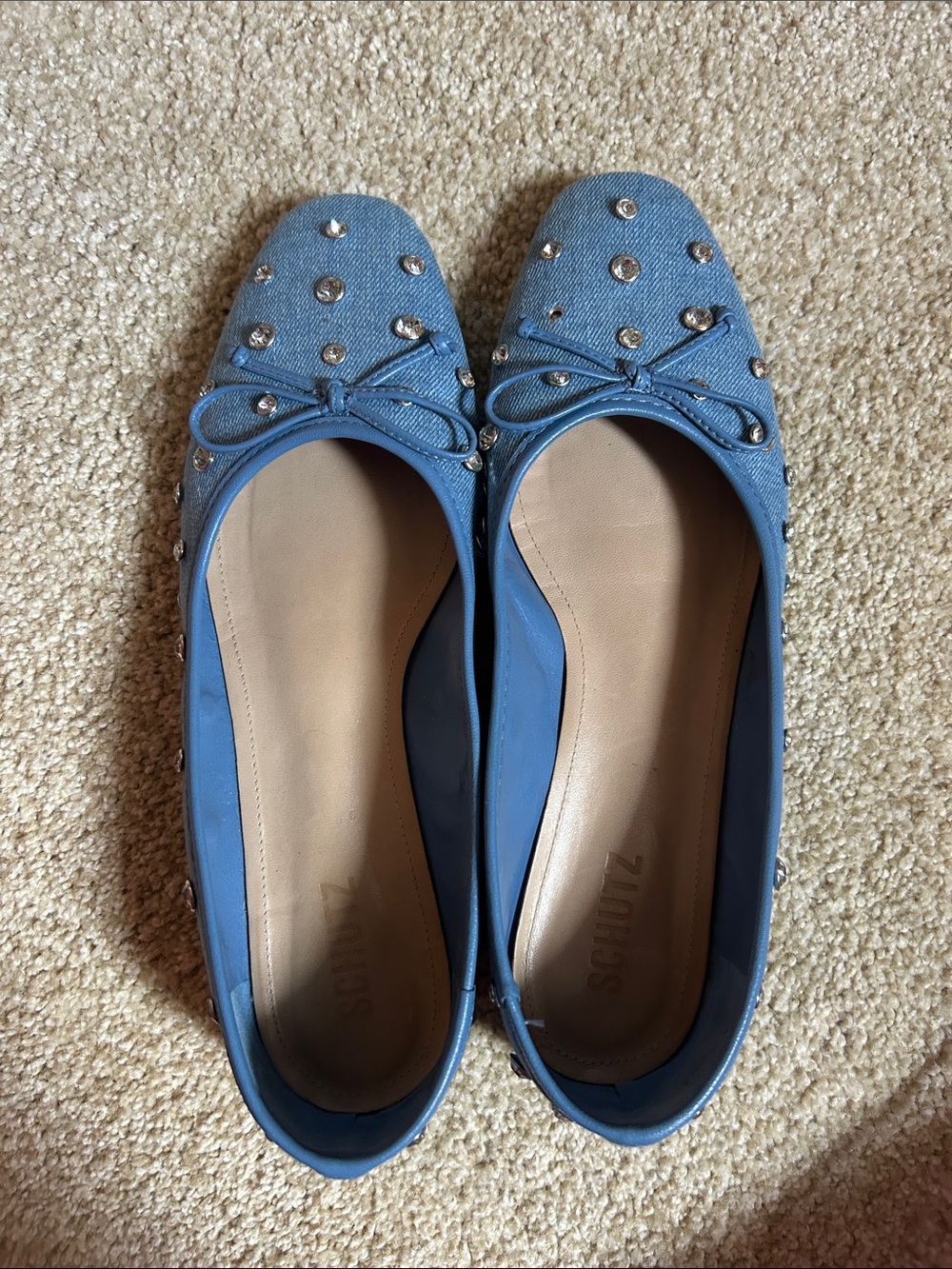 SCHUTZ Denim Blue Studded Bow Ballet Flats